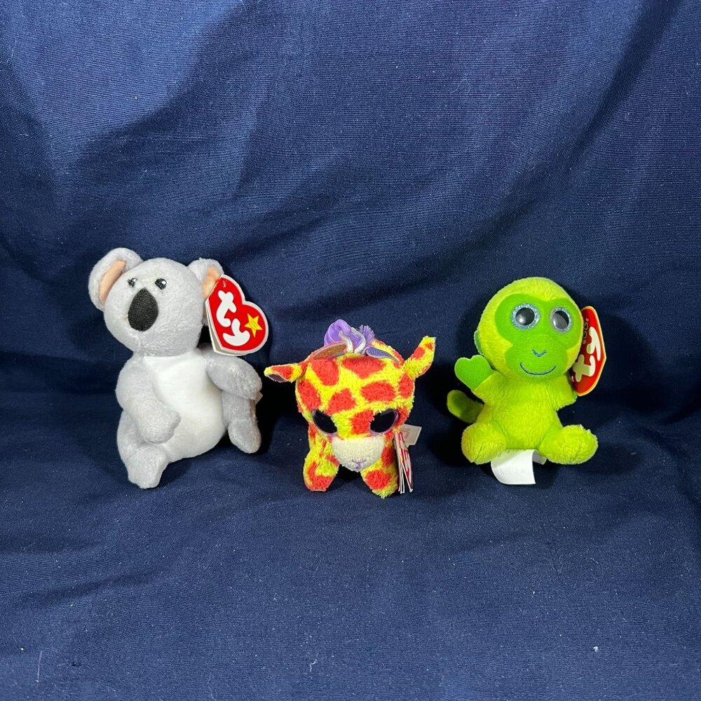 Ty Beanie Babies Set - Giraffe, Koala, & Green Frog Plush Toys With Tags